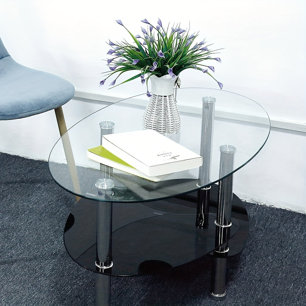 Salontafel – Koffietafel – Woonkamertafel – Lage Tafel – Ovalen Tafel – Gehard Glas – Metalen Poten – 2 Opbergniveaus – 90x50x43 cm