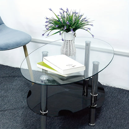 Salontafel – Koffietafel – Woonkamertafel – Lage Tafel – Ovalen Tafel – Gehard Glas – Metalen Poten – 2 Opbergniveaus – 90x50x43 cm