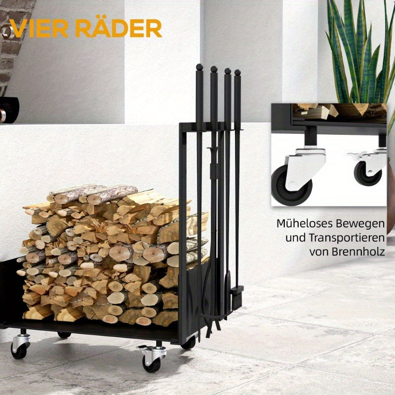 Firewood Rack – Houtopslag Rek – Houtstapelrek – Houthouder – Buitenhaard Accessoire – Metaal Zwart – Met Wielen en Zijhaken