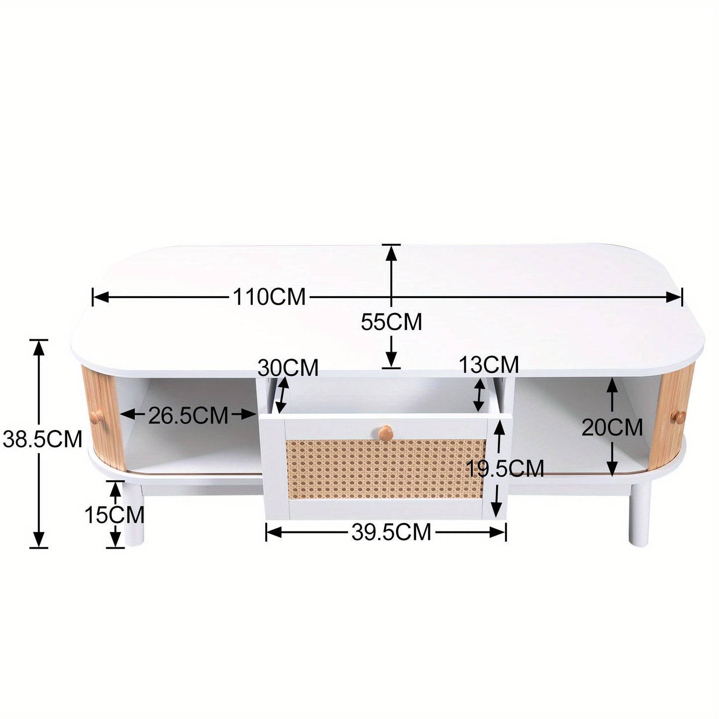 Salontafel – Koffietafel – Tafelblad – Woonkamertafel – Houten Tafel – Massief Hout Met Rattan – Schuifdeuren En Lades – 110x55x38,5 cm – Wit Met Houtkleur