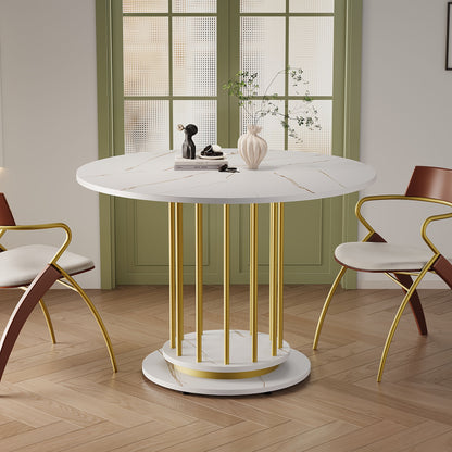 Ronde Eettafel – Keukentafel – Tafel – Diner Tafel – Eetkamertafel – Compact Ontwerp – Marmerlook Afwerking – Metalen Onderstel – Voor 2-4 Personen – Modern Minimalistisch