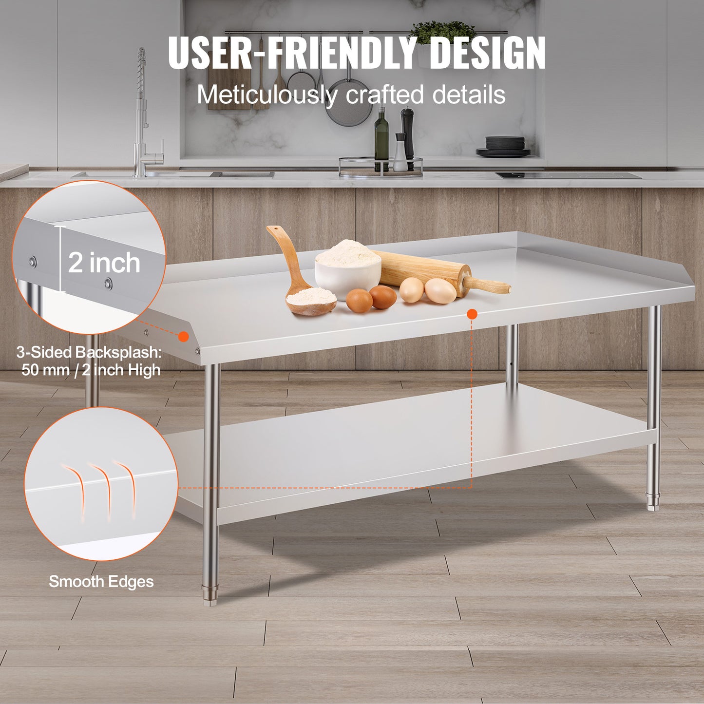 Roestvrijstalen Werktafel – RVS Werkbank – Keukentafel – Werkblad – Cateringtafel – 76x152 cm – 304 Roestvrij Staal – 3 Verstelbare Planken