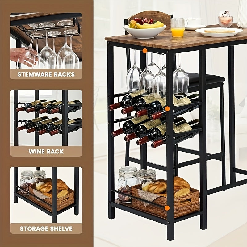 Dining Bar Table Set for 2 with Wine Rack and Storage Shelf, Bar Counter Table with 2 Footrest Chairs, Dining Table Set for 2, High Top Table and Chairs for 2 with Upholstered Chairs, 119.38cm Table