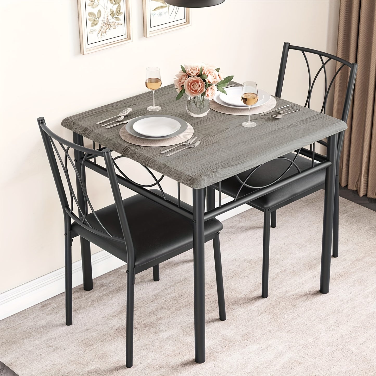 Eetkamerset Voor Twee Personen – Eettafel Met Stoelen – Compacte Eetkamerset – Tafel En Stoelen Set – Kleine Eethoek Meubel – Metaal En Hout – Rechthoekig Tafelblad – Vintage Design