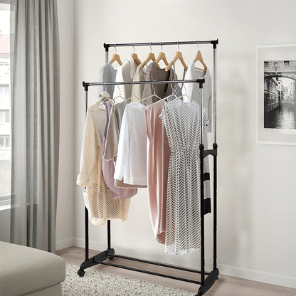 Kledingrek – Garderoberek – Kledingstang – Dressboy – Kledinghouder – Verstelbare Hoogte 108-170 cm – Stalen Dubbel Rek Met Schoenenrek En Wieltjes