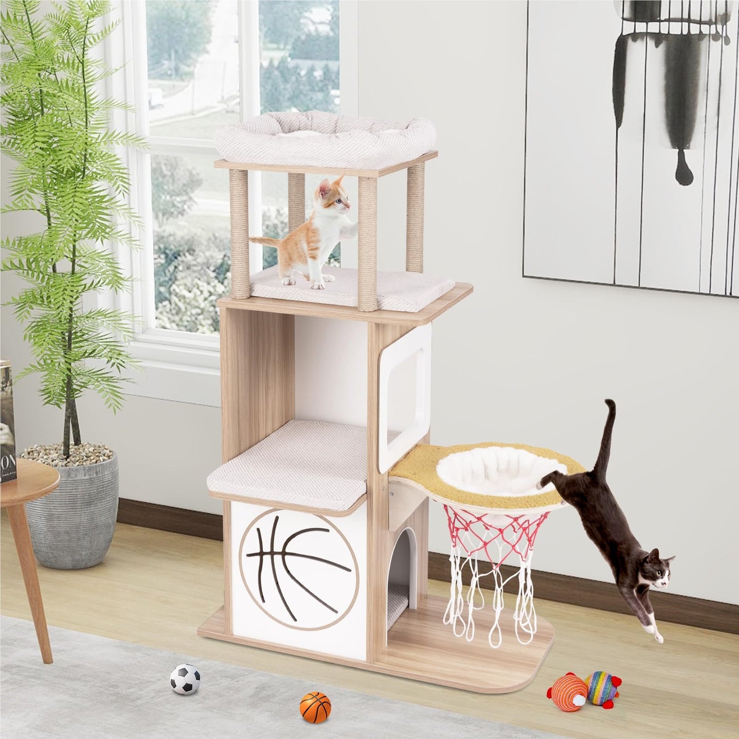 Krabpaal – Kattenboom – Kattenmeubel – Krabton – Krabhuis – 120 cm Hoog – Houten Structuur Met Hangmat Basketbal Design