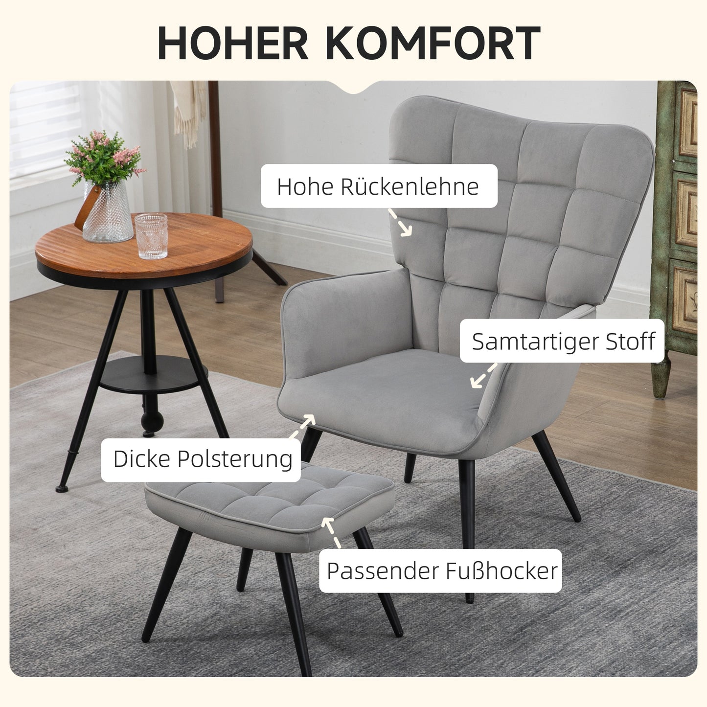 Relaxfauteuil – Relaxstoel – Fauteuil – Lounge Chair – Sessel – Lichtgrijs – Inclusief Voetenbank – Max. Draagkracht 120 kg