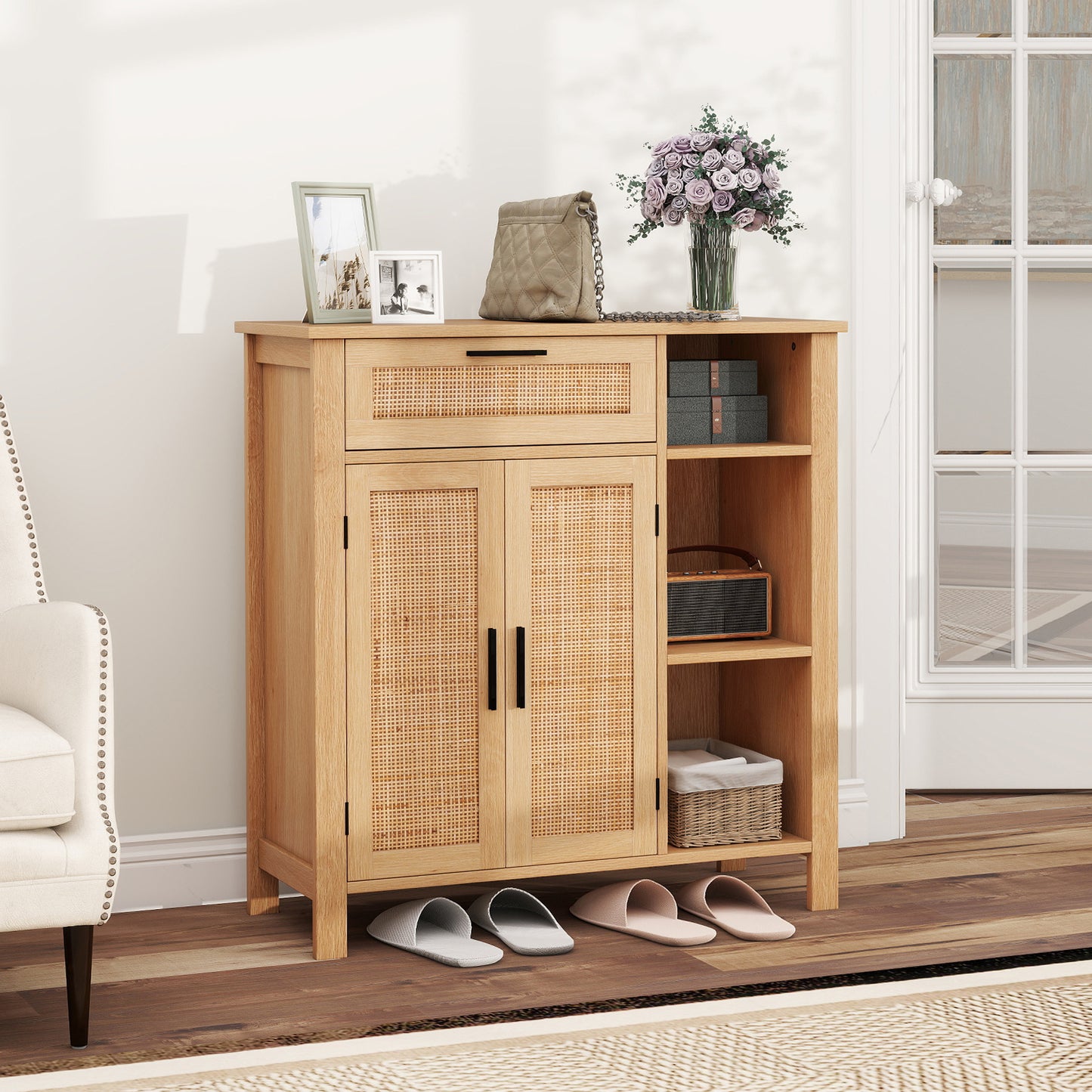 Keukenkastje – Keukenbuffet – Opbergkast – Dressoir – Kastje – Hout & Natuurlijk Rattan – Lade en Verstelbare Plank – Compact 75x30x80 cm