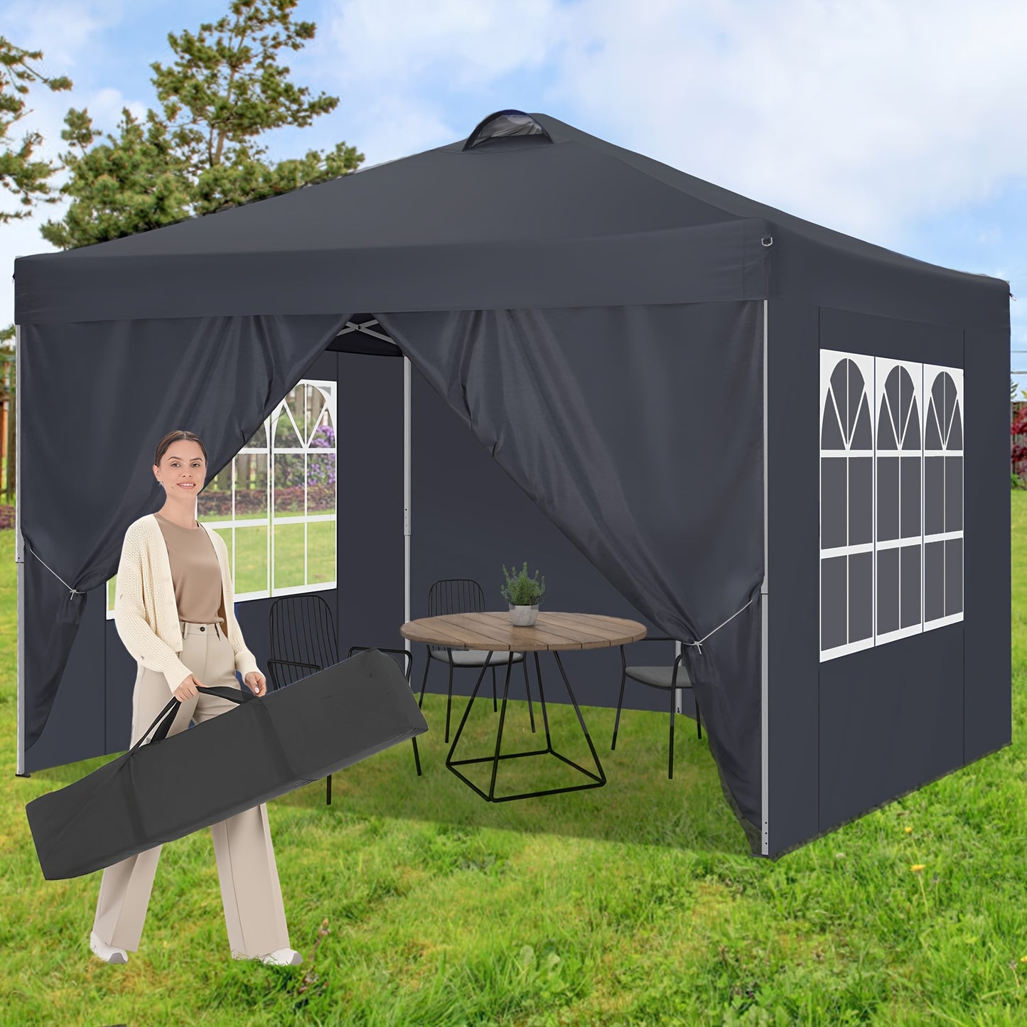 3.05x3.05meter Pop-up Tent, Party Canopy, Folding Gazebo, with 4 Detachable Side Walls, Portable Bag, Sandbag And Ground Stake, Height Adjustable, Easy to Install, Suitable for Weddings, Camping, Gardens, Market Stalls, Outdo