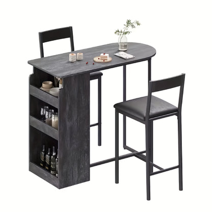 Barset voor Twee – Barkrukken – Barmeubel – Bartafel – Barkeuken – Compacte Opbergrekken – Stevig Hout en Metaal – Ruimtebesparend Design – Grijs