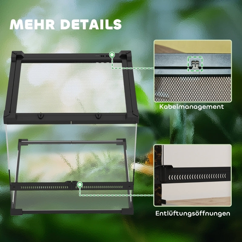 Terrarium – Reptielenverblijf – Vivarium – Dierenkooi – Glazen Terrarium – Zwart – Dubbele Voordeuren Met Knopslot – Verhoogde Bodem Voor Verwarming