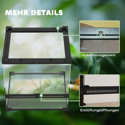Terrarium – Reptielenverblijf – Vivarium – Dierenkooi – Glazen Terrarium – Zwart – Dubbele Voordeuren Met Knopslot – Verhoogde Bodem Voor Verwarming