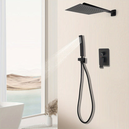Regendouche – Regenval Douche – Doucheset – Douchekop – Douchekolom – Mat Zwart – 30 cm Hoofddouche – RVS en Messing