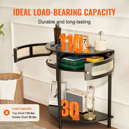 Sidetable – Wandtafel – Haltafel – Consoletafel – Bijzettafel – Zwart Rattan – Halve Maan Vorm – 2 Laden & Open Plank – Duurzaam MDF Onderstel