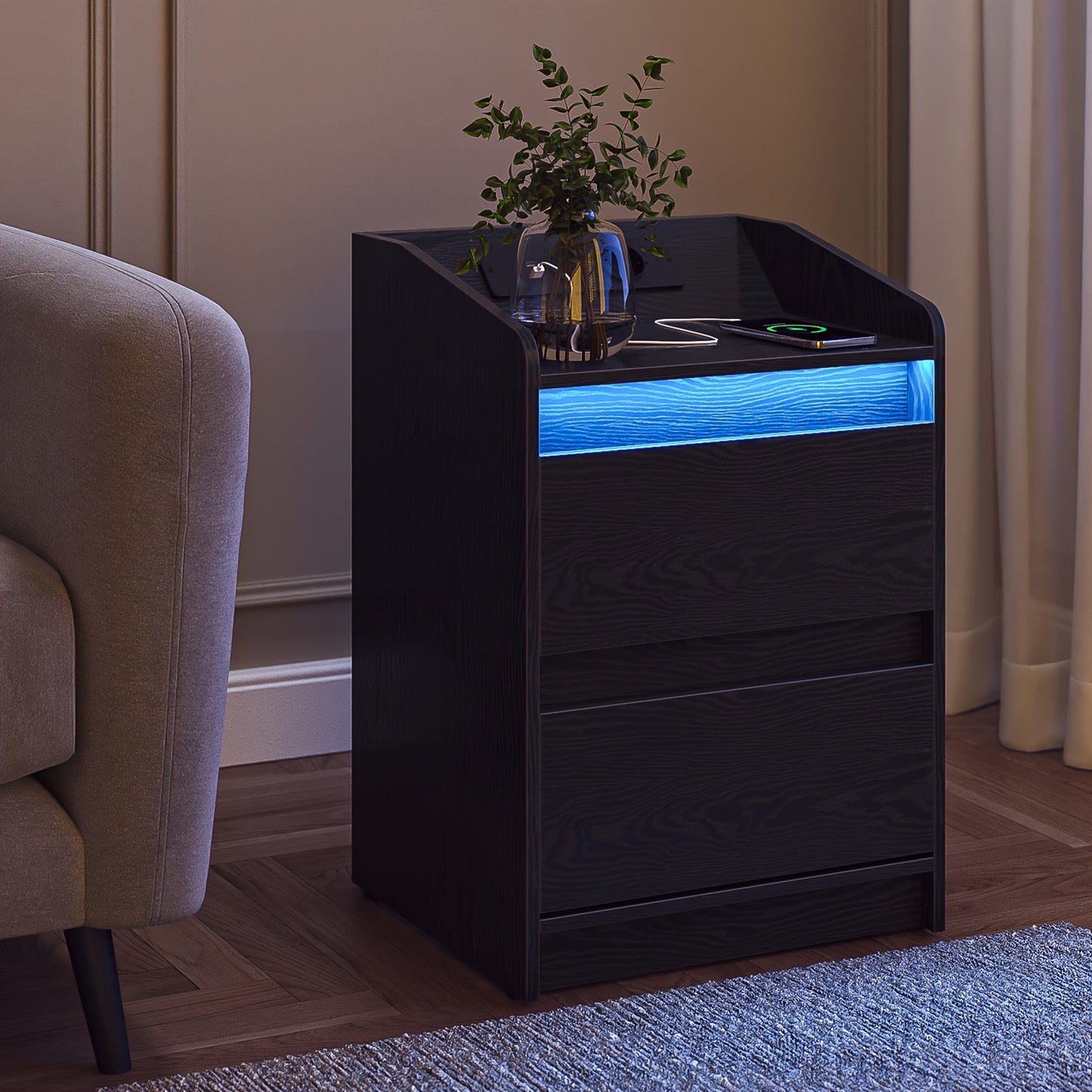Nachtkastje – Nachtkastjes – Bijzettafel – Ladekast – Opbergkastje – Set van 2 – Ingebouwd Stopcontact & USB – Modern Design met 2 Lades – Zwart