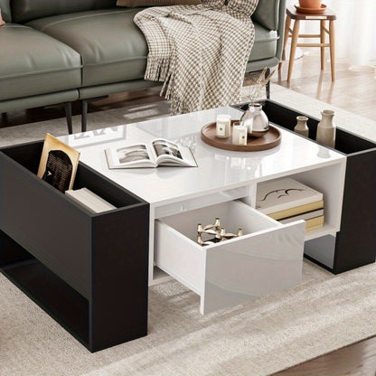 Salontafel – Koffietafel – Woonkamertafel – Tafeltje – Bijzettafel – Modern Design – Hoogglans Zwart – Metaal – Opberglade – 105x60x40,5 cm
