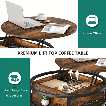 Ronde Salontafel – Koffietafel – Bijzettafel – Woonkamertafel – Opbergtafel – Met Verborgen Opbergruimte – Lift-Top Design – Geperst Hout Met Metaal