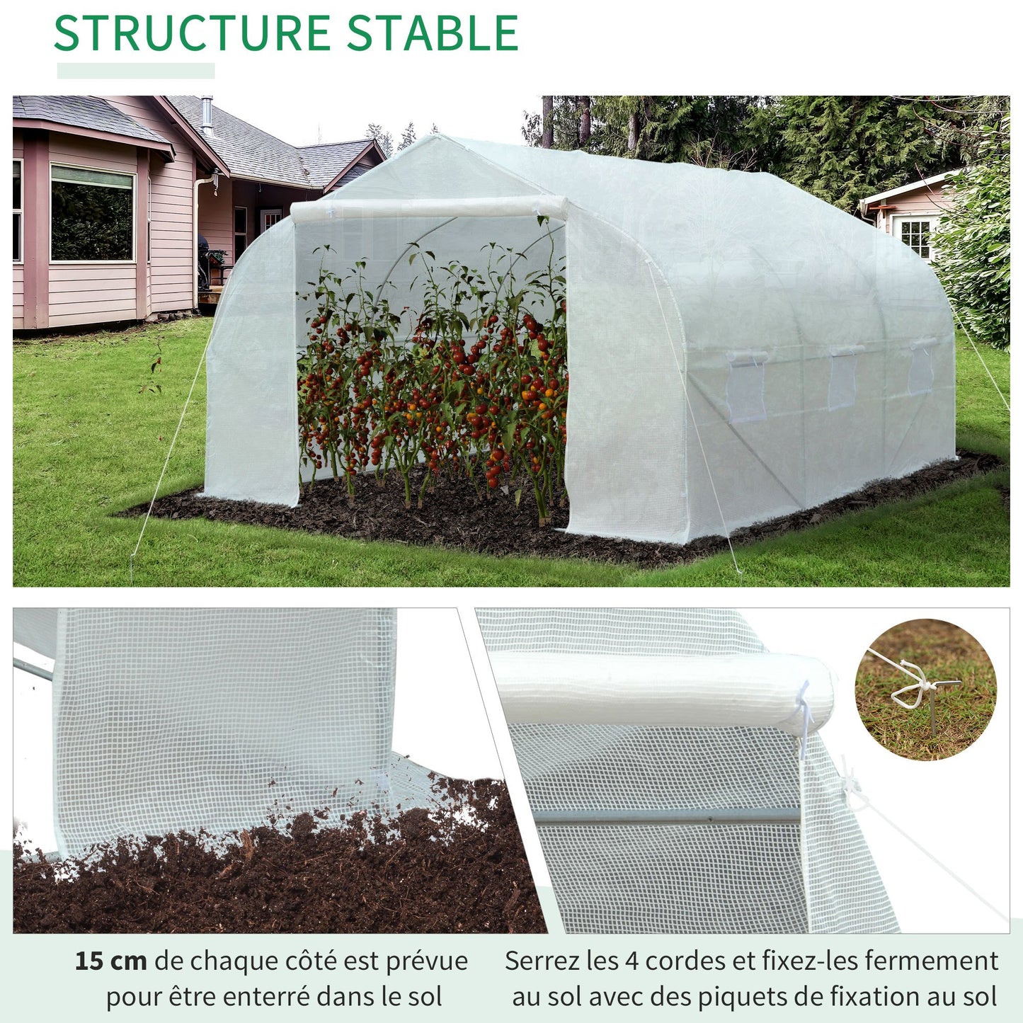 Kas – Tuinkas – Tunnelkas – Kweekkas – Serre – Stevig Gegalvaniseerd Stalen Frame – Waterdichte UV-bestendige PE-Folie 140 g/m² – Afm. 4,5 x 3 x 2 m – 6 Oprolbare Ramen Met Muskietennet – Witte Variant