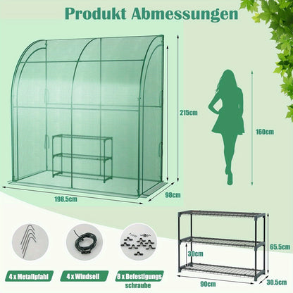 Mini Kweekkas – Tuinkas – Kas – Serre – Plantenkas – 198,5x98x215 cm – Inclusief 3-laags Bloementerras – Weerbestendig PE & Metaal