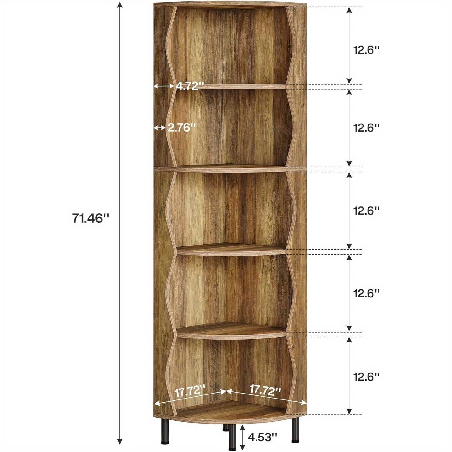 Boekenrek – Boekenkast – Boekenplank – Wandrek – Opbergkast – 5-Lagen Hoekplank – Hoog 182 cm – Stevig MDF Metalen Frame – Space-Saving Design Rustiek Bruin