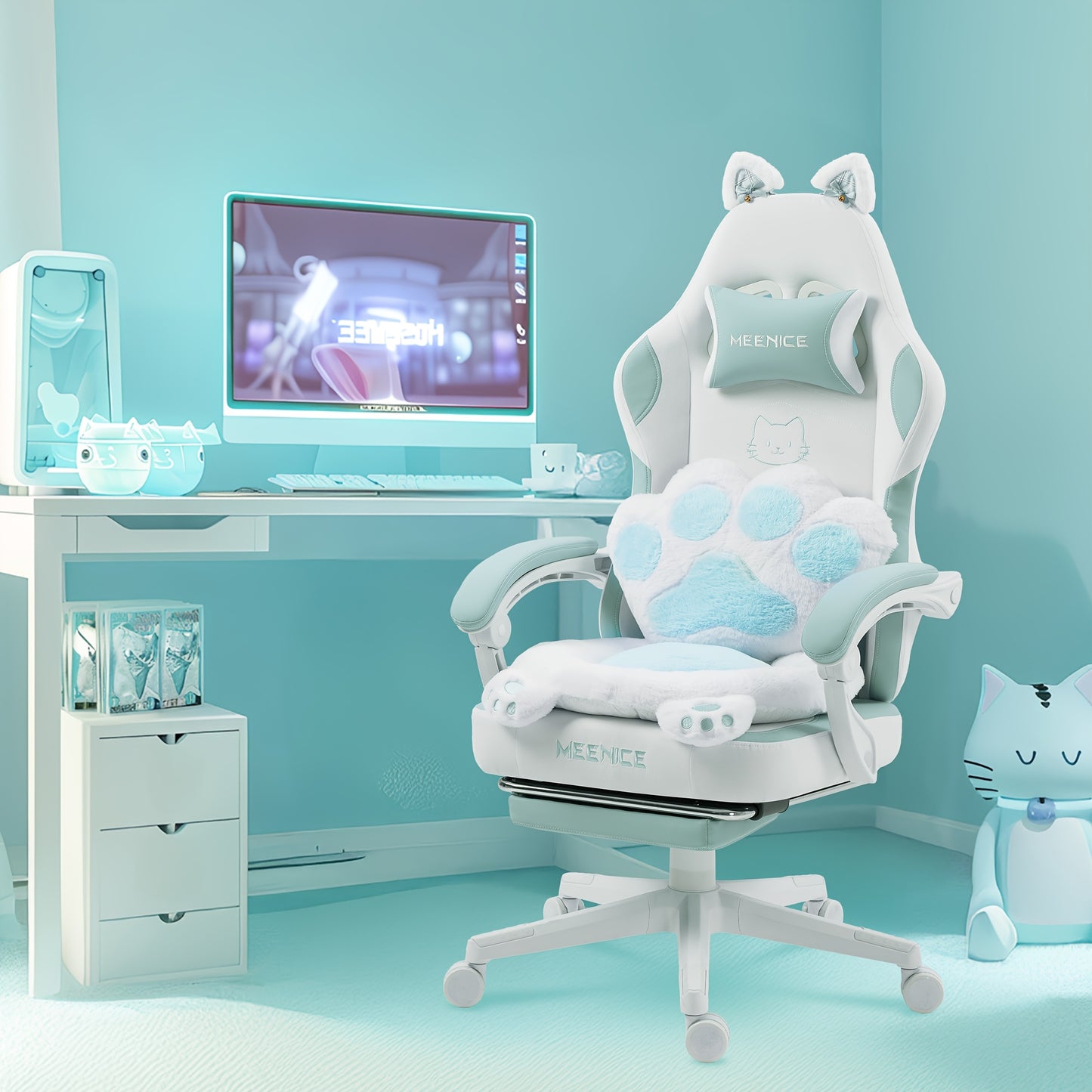 Gamingstoel Kat Oor – Bureaustoel Gaming – Stoel Computer – Gaming Chair Ergonomisch – Met Voetensteun & Hoofdsteun – Zware Last 136 KG – Roze/Zwart