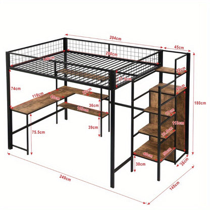 Hoogslaper – Stapelbed – Bedbank – Mezzanine Bed – Bed met Kast – Zwart + Bruin – 140x200 cm – Met Stabiel Metalen Frame