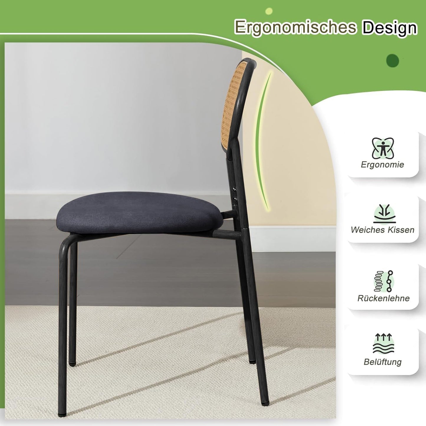 Eetkamerstoelen – Stoel – Kuipstoel – Keukenstoel – Zithoekstoel – Set Van 2 – Met Fluwelen Zitting – Met Rattan Rugleuning