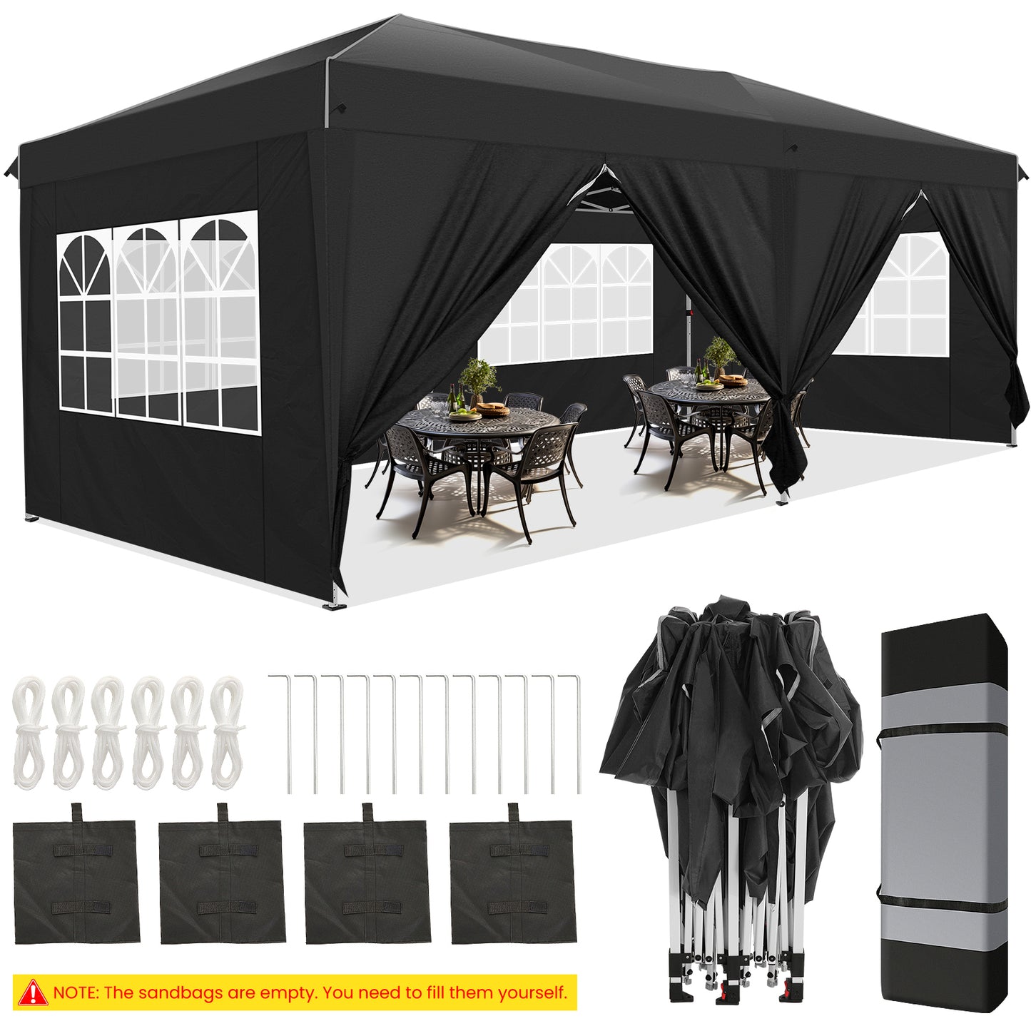 Pop-up Tent – Vouwtent – Partytent – Overkapping – Zonnescherm – 3×6 meter – 6 Zijwanden – Oxford Stof – Snelle Opbouw – Zwart