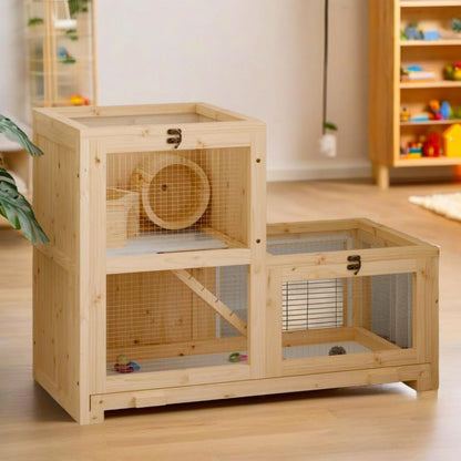 Hamsterkooi – Knaagdierenkooi – Gerbilkooi – Dierenverblijf – Knaagdierhuis – Massief Houten Constructie – Ruim Met Meerdere Niveaus