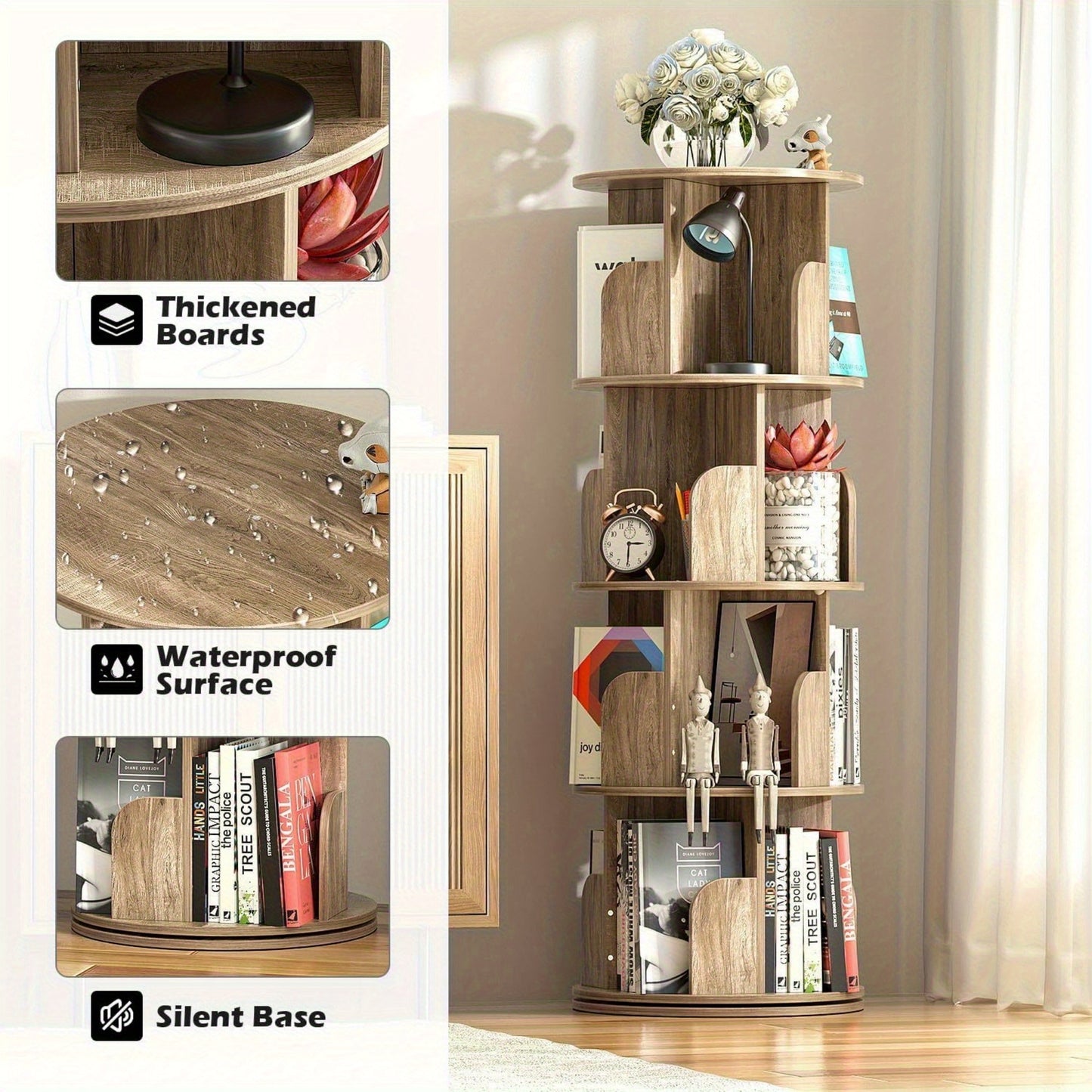 4 Tier Rotating Bookshelf, 360° Revolving Bookcase Wood Rotating Stackable Shelves Floor-Standing Storage Display Rack Used in Bedrooms Living Rooms Study Office (132.08cm x 45.72cm x 45.72cm)