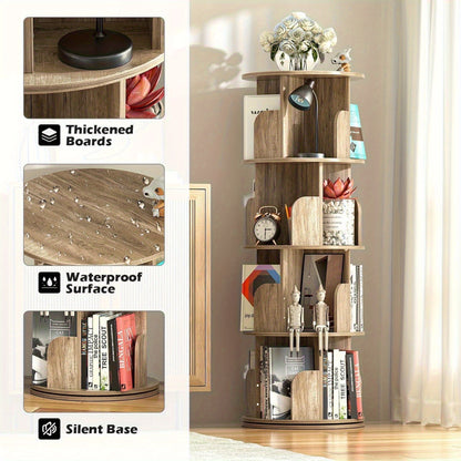 4 Tier Rotating Bookshelf, 360° Revolving Bookcase Wood Rotating Stackable Shelves Floor-Standing Storage Display Rack Used in Bedrooms Living Rooms Study Office (132.08cm x 45.72cm x 45.72cm)
