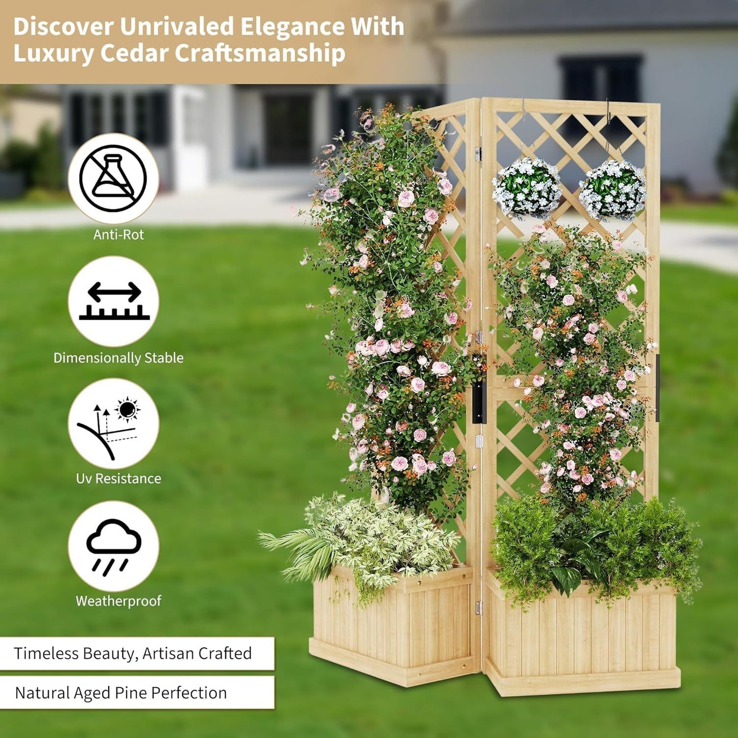 Houten Tuinscherm – Privacy Scherm – Tuinafscheiding – Tuinscherm Scharnierend – Buiten Scherm – 2 Schermen – Met Plantenbak – Afmetingen 104x25x165 cm – Gepolijst Hout Met Drainage