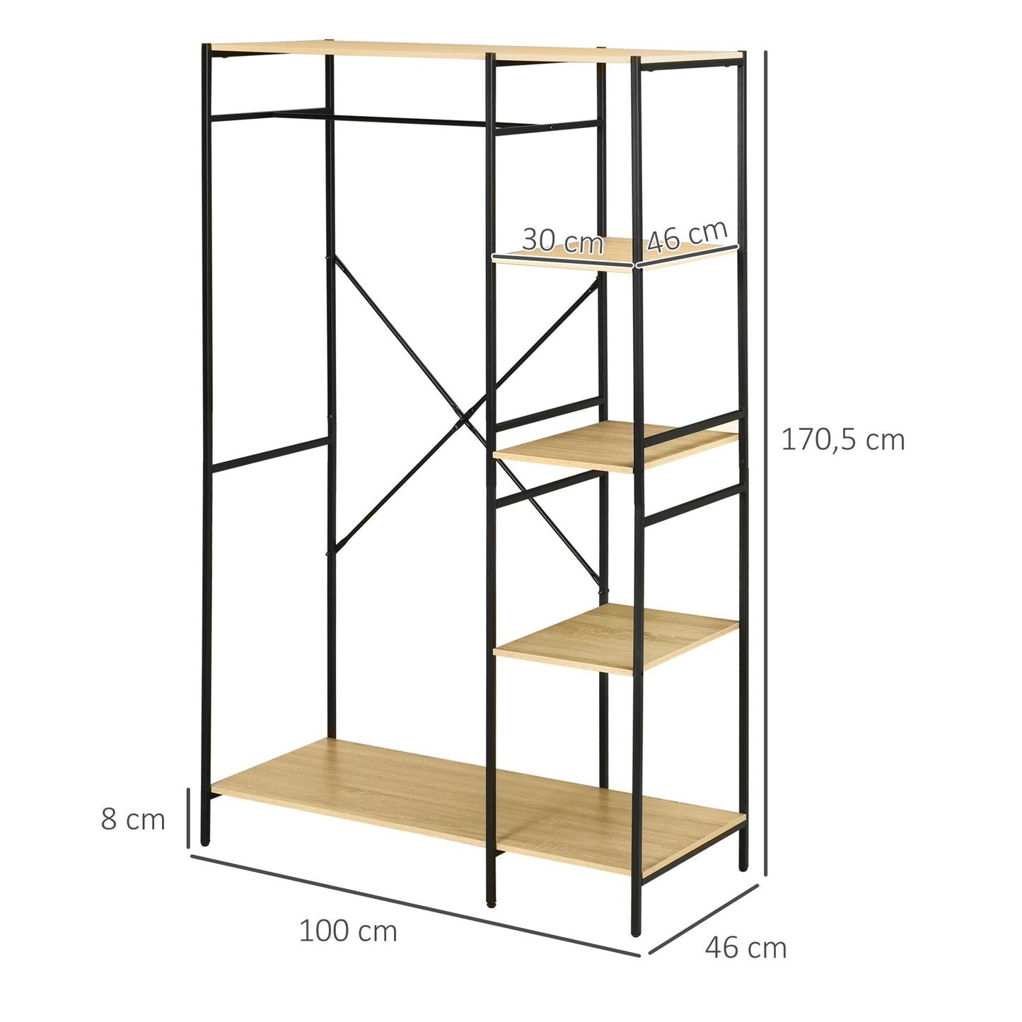kledingrek – garderoberek – kledingstandaard – kledinghanger – droogrek – industrieel design – metalen frame met houten planken – 100x46x170,5 cm – inclusief wandbevestiging