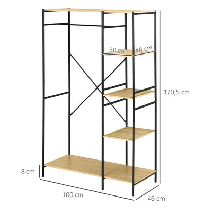 kledingrek – garderoberek – kledingstandaard – kledinghanger – droogrek – industrieel design – metalen frame met houten planken – 100x46x170,5 cm – inclusief wandbevestiging