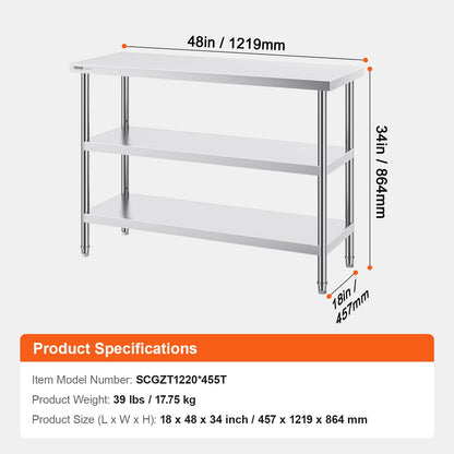 RVS Werktafel – Roestvrijstalen Werkbank – Keukentafel – Werkblad – Prep Tafel – Zilver – 3 Niveaus Met Verstelbare Planken – 0,8 mm Dikte Roestvrij Staal
