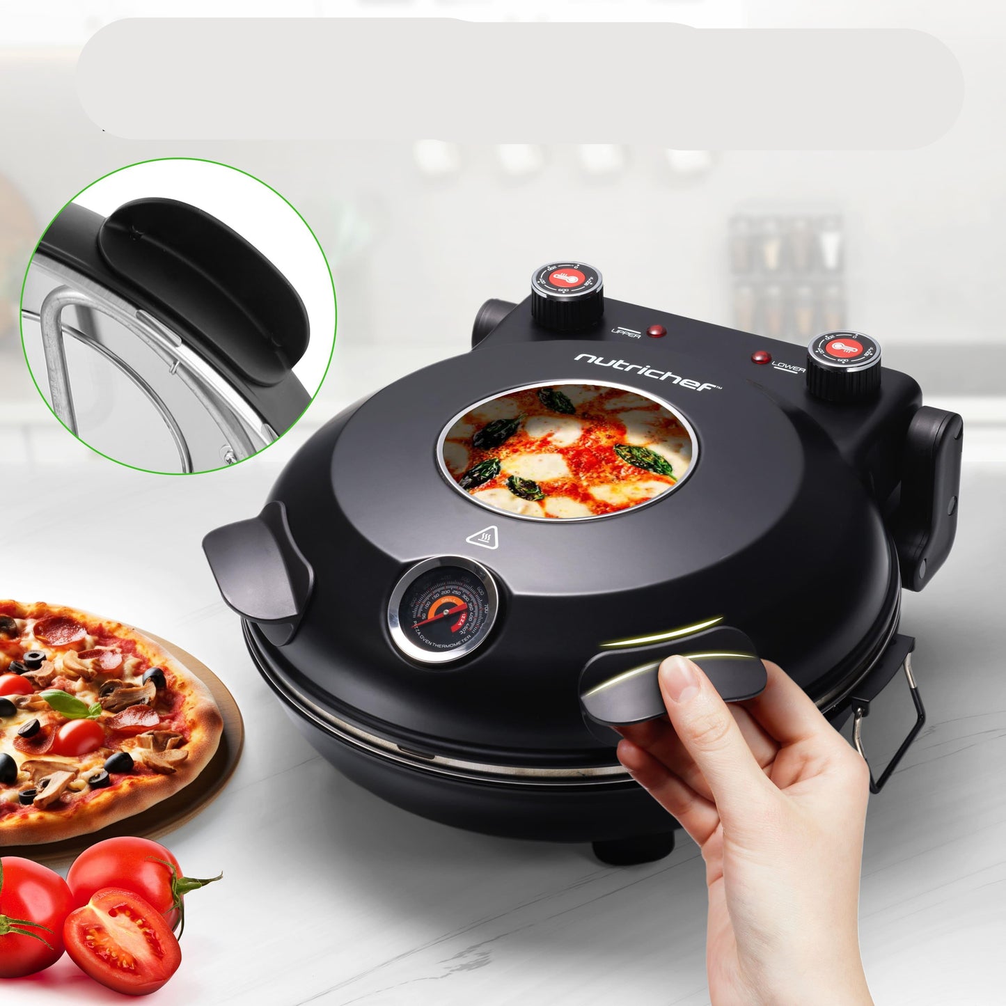 Pizzaoven – Elektrische Oven – Pizzamaker – Pizza Bakoven – Compacte Mini Oven – Tot 425°C Temperatuur – 1200 Watt Vermogen – Zwart