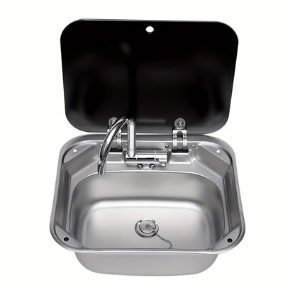 Wasbak – Spoelbak – Wastafel – Afwasbak – Roestvrij Stalen Camper Spoelbak – Compact Formaat – Temperglas Deksel