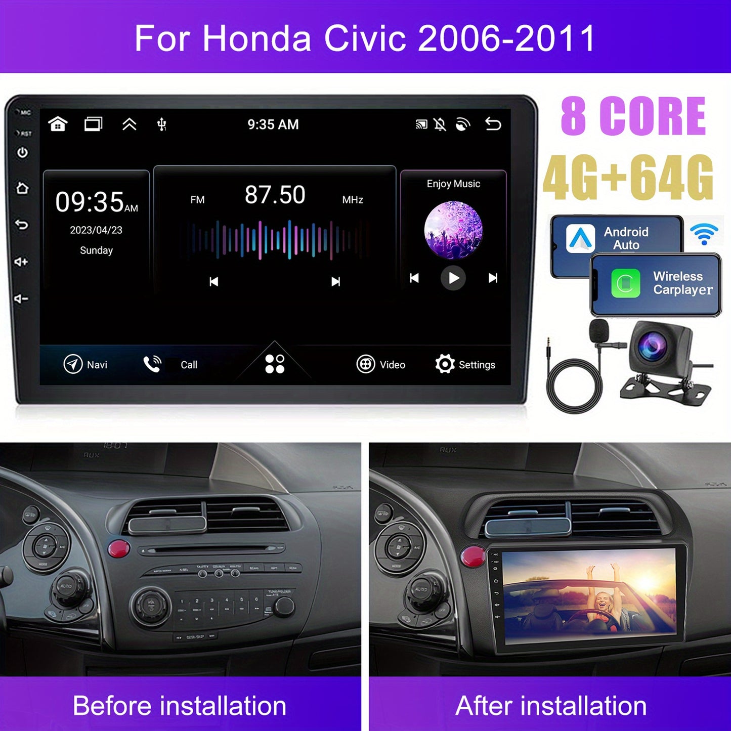 Autoradio Honda Civic 2006-2011 – Multimedia Systeem – Navigatie – Stereo – Touchscreen – 9 Inch IPS Scherm – Draadloze CarPlay & Android Auto – 8-Core Processor & 64GB Geheugen