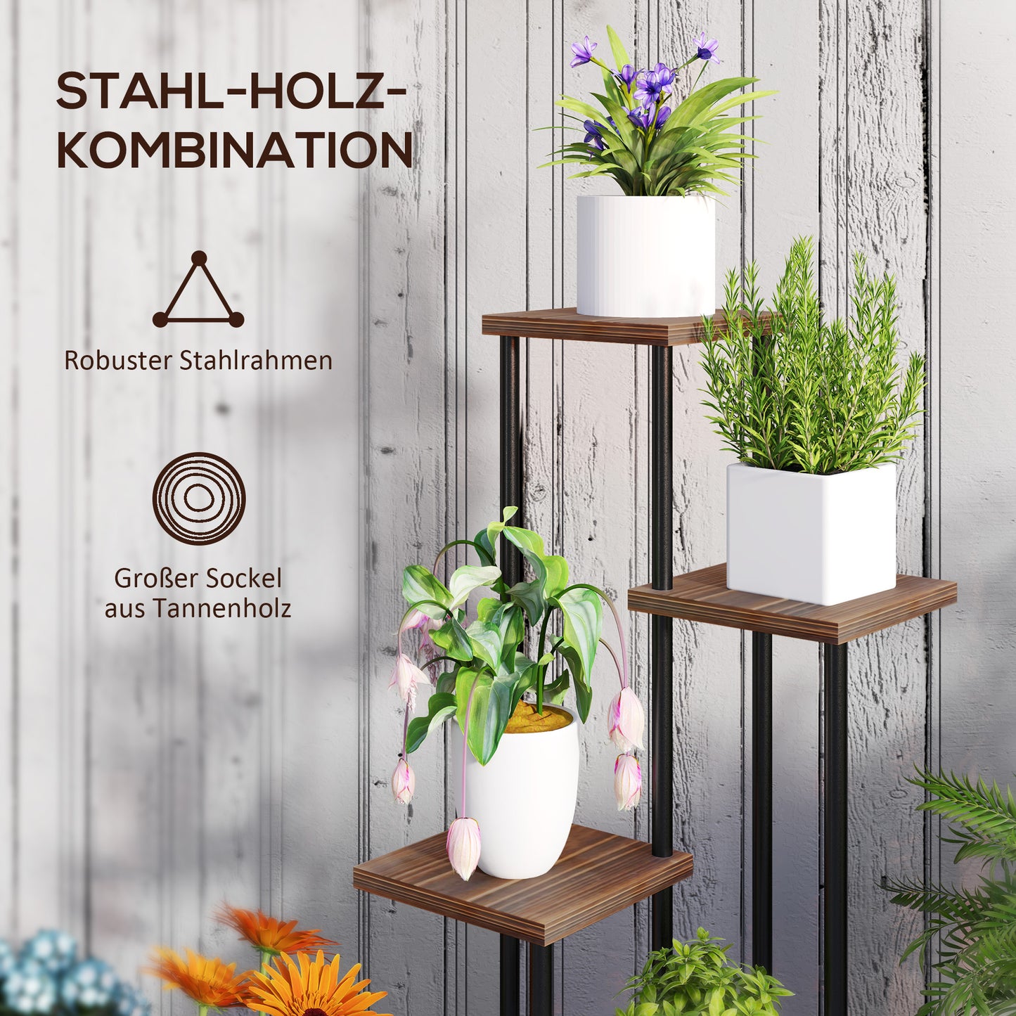 Plantenrek – Plantenstandaard – Plantentafel – Plantentrap – Bloemenrek – 5 Laags – Hout en Staal – Gestaggerd Ontwerp – Voor Binnen & Buiten