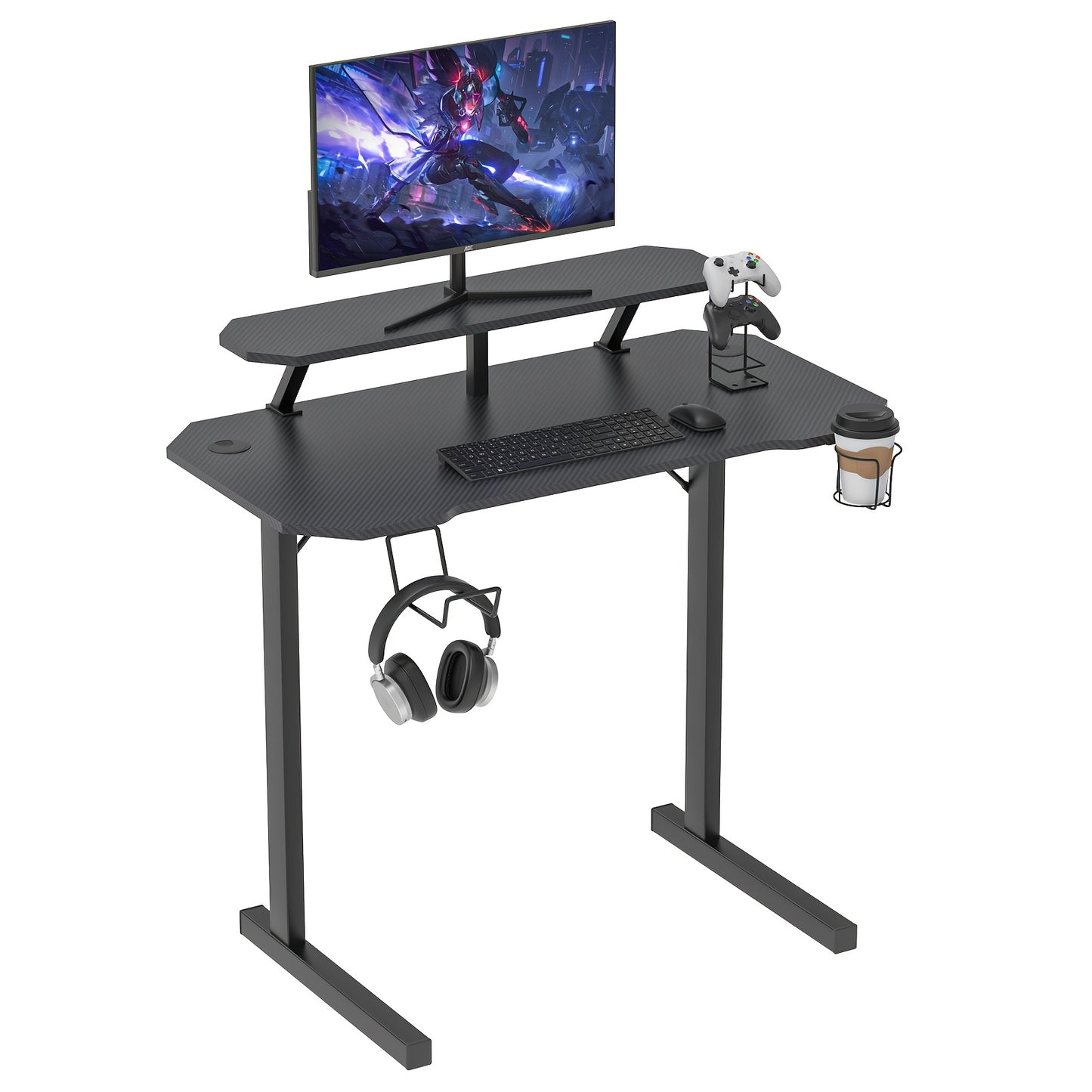 Gaming Bureau – Gaming Tafel – Game Desk – Computerbureau – Werkplek – Carbon Fiber Blad – 100x55x74 cm – Extra Groot Met Display Rek – Bekerhouder & Headphone Hook