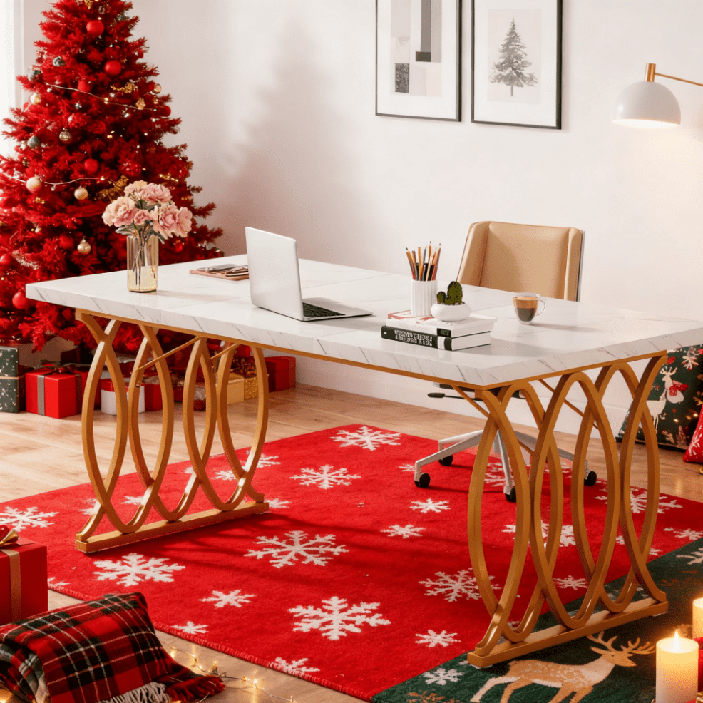 Grote Eettafel – Tafel – Eetkamertafel – Design Tafel – MDF Tafel – Wit Faux Marmer Blad – Gouden Geometrische Poten – 160 cm – Voor 4-6 Personen