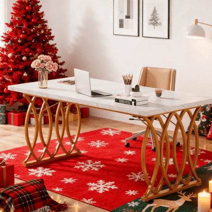 Grote Eettafel – Tafel – Eetkamertafel – Design Tafel – MDF Tafel – Wit Faux Marmer Blad – Gouden Geometrische Poten – 160 cm – Voor 4-6 Personen