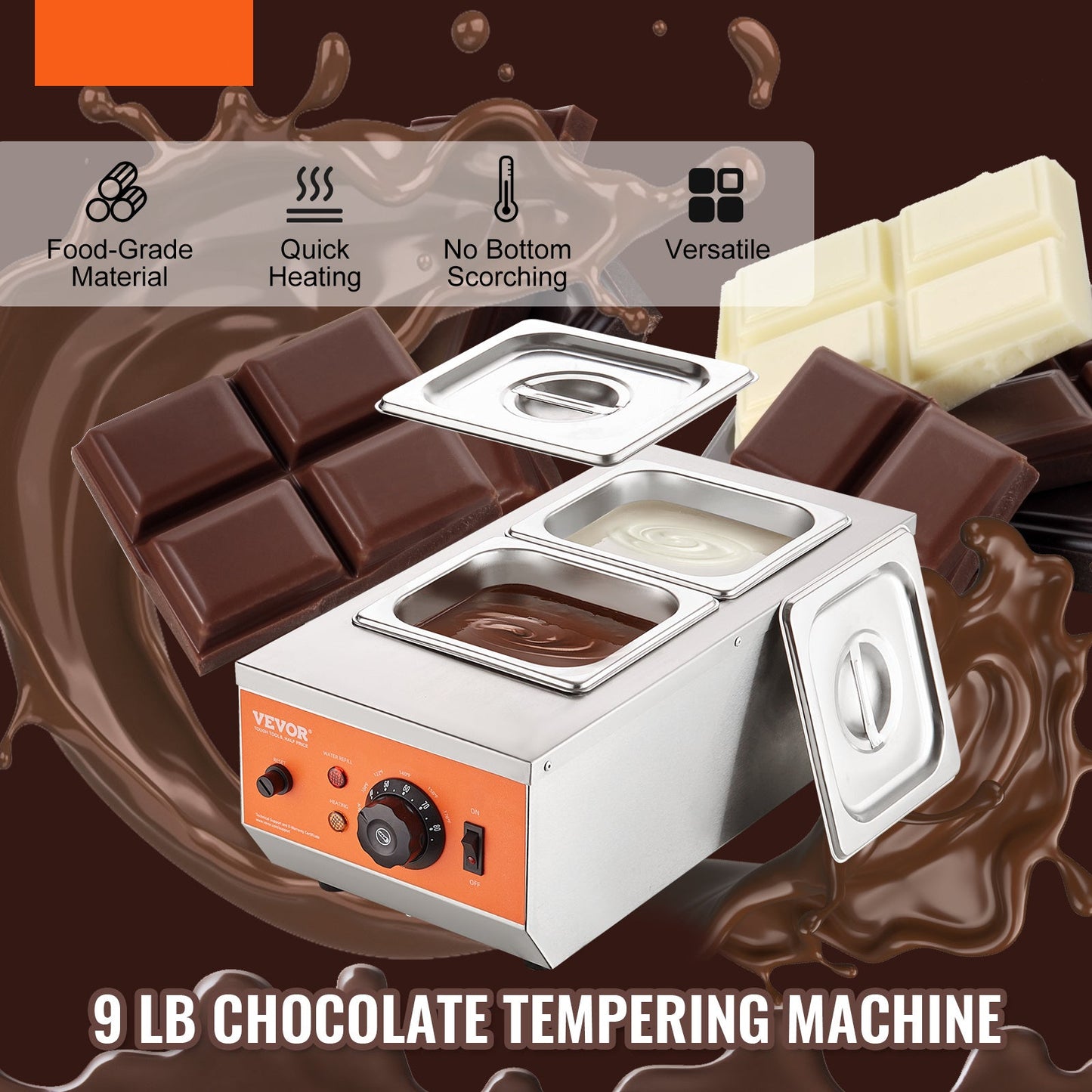 Chocolade smeltketel – Chocolade smelter – Chocolade smeltpan – Chocolade temper apparaat – Chocolade smeltmachine – 2 aparte verwarmingscilinders – 800W roestvrij staal