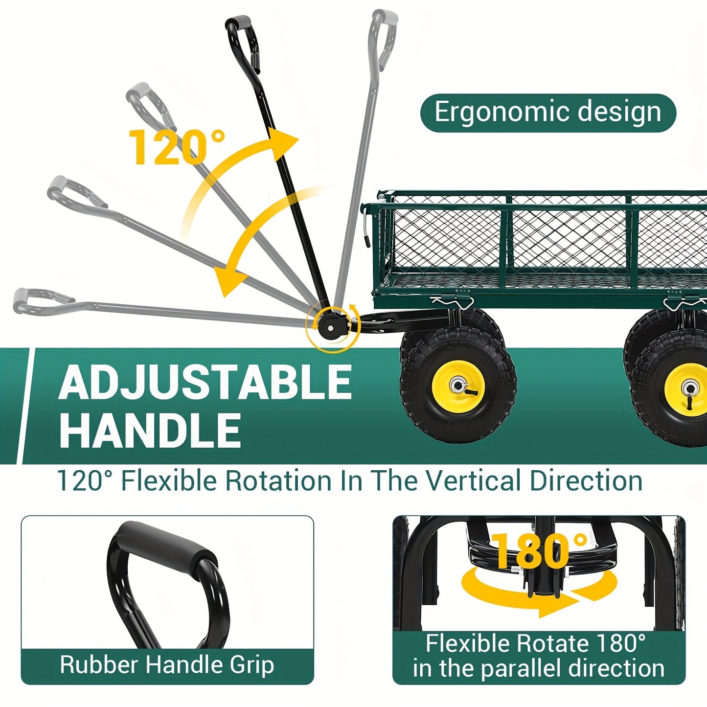 Heavy-Duty Steel Garden Cart with 180° Rotating Handle, Removable Sides & All-Terrain Large All-Terrain Tires - Sturdy Steel Frame, Green & Design, Large Capacity Utility Wagon for Yard, Farm, Beach, Lawn Care, Construction