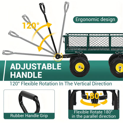 Heavy-Duty Steel Garden Cart with 180° Rotating Handle, Removable Sides & All-Terrain Large All-Terrain Tires - Sturdy Steel Frame, Green & Design, Large Capacity Utility Wagon for Yard, Farm, Beach, Lawn Care, Construction