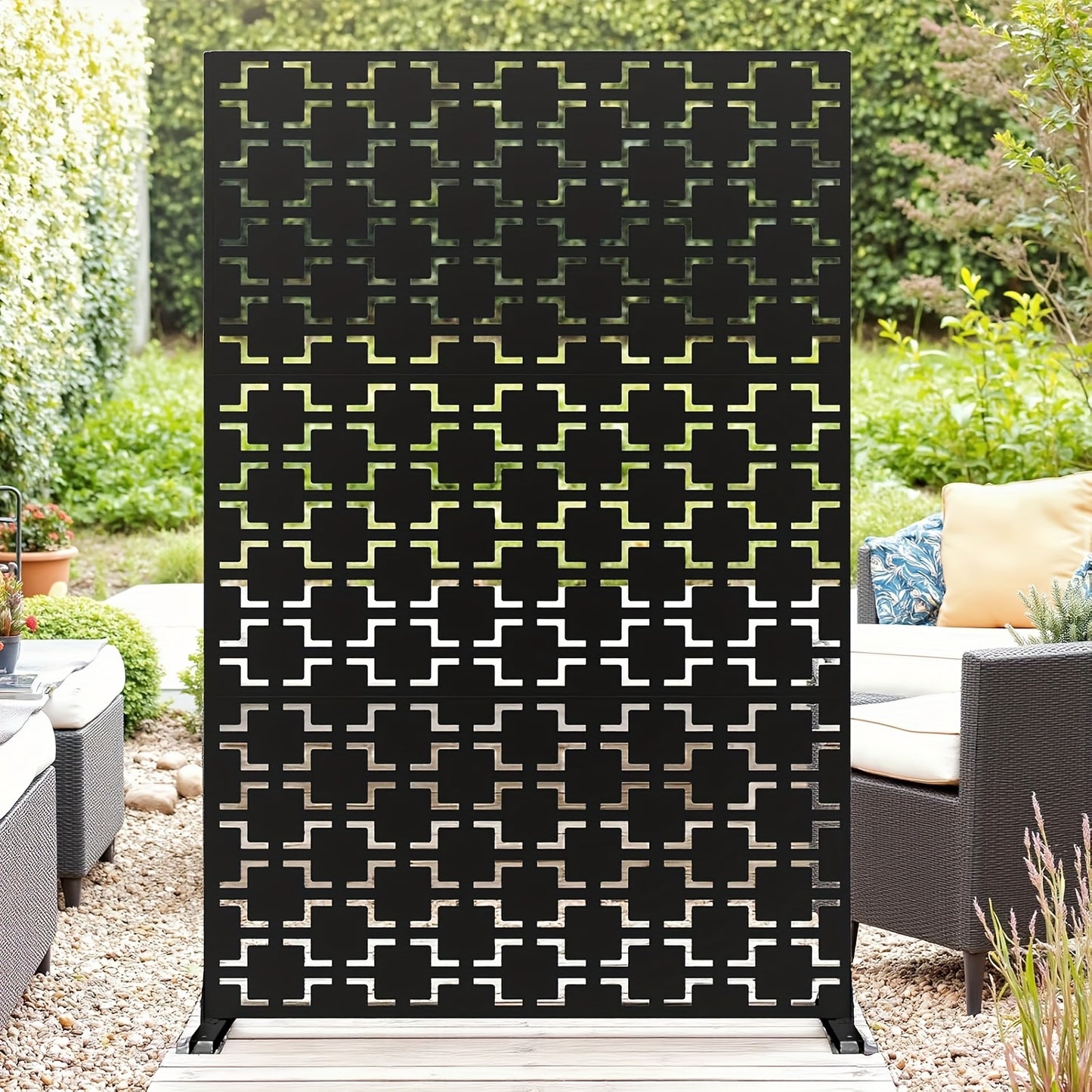 182.88cm H x 119.38cm W Freestanding Metal Privacy Screen Outdoor - Modern Traditional Design with Natural Wood-Louvered Panels, Heavy-Duty MDF/Fiberboard/Metal Construction for Patio, Garden, Deck, Balcony - Adjustable Heigh