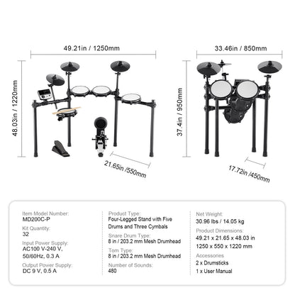 Elektronische Drumstel – Elektrisch Drumstel – E-Drum – Digitaal Drumstel – Elektronisch Drumkit – 480 Geluiden – Verstelbaar Standaard
