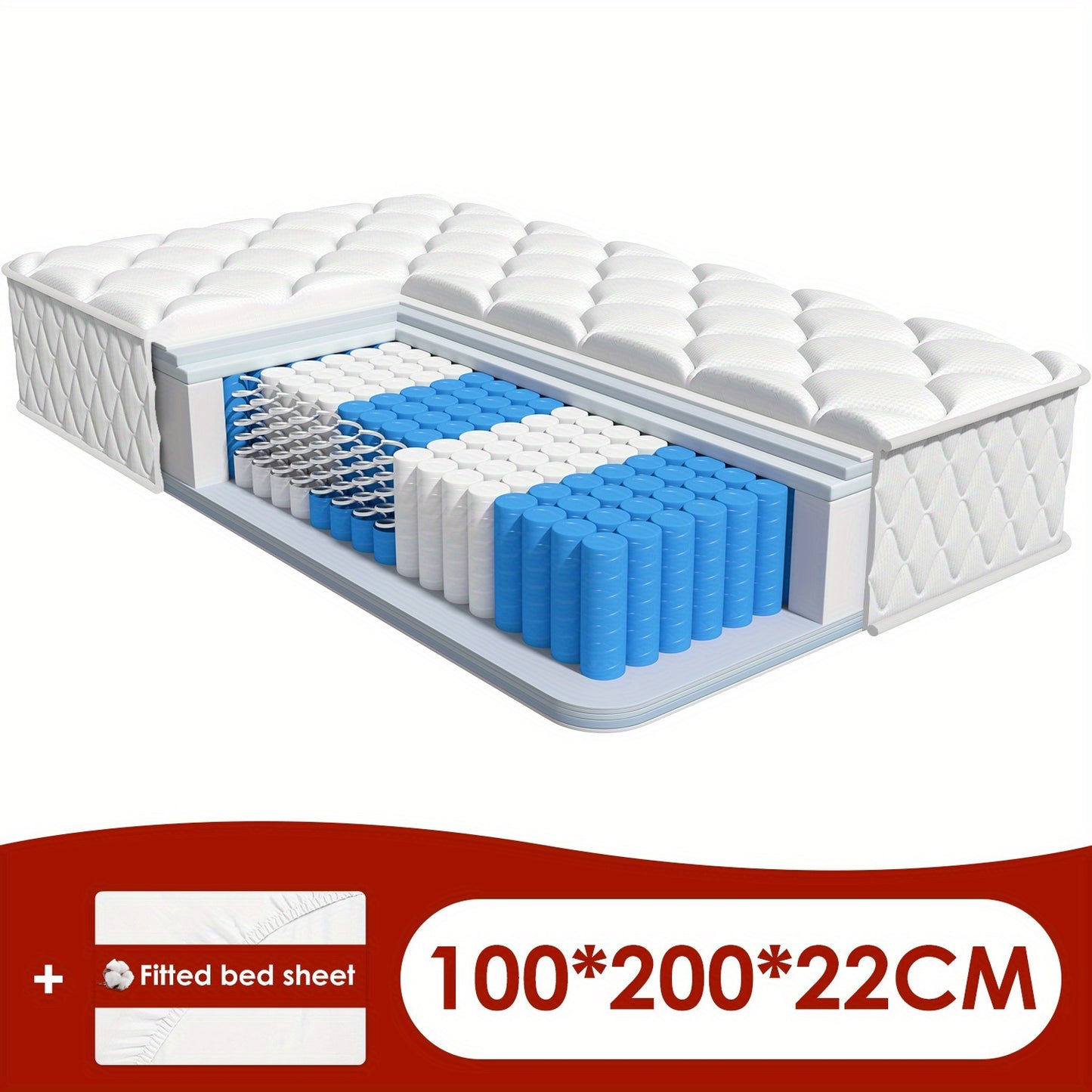 Pocketveringmatras – 7-Zones Matras – Ergonomisch Bed – Veer Matras – Comfortabel Matras – 100x200x22 cm – Medium Firmheid H3 – Hypoallergeen Katoenen Tijk