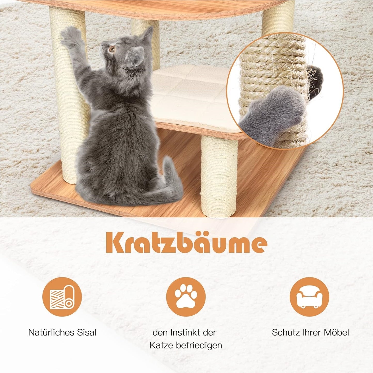 Krabpaal – Kattenboom – Kattenhuis – Krabmeubel – Kattenklimpaal – Multi-level ontwerp – Zachte pluche bekleding – 179 cm hoog – Sisal krabpalen – Beige