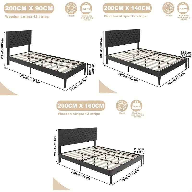 Gestoffeerd Bed – Bedframe – Slaapbank – Boxspring – Ledikant – Zachte Stof Bekleding – Max. Draagkracht 300 Kg – Zwart – 160x200 cm